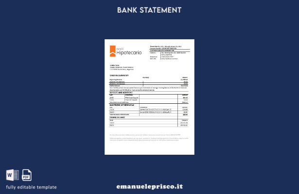 modello di estratto conto bancario Argentina Banco Hipotecario in stile verifica
